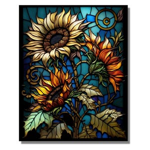Glass Printing Wall Art Sunflower Stained Glass Design Artwork, Home Office Wall Decor Large, Stained Glass Panel Flower Wall Art Print Gift