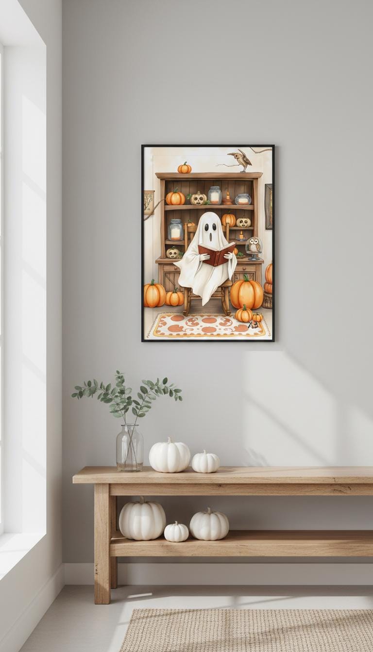Cozy Ghost Reading Book Halloween Design | Cute Spooky Fall Pumpkin Art ...