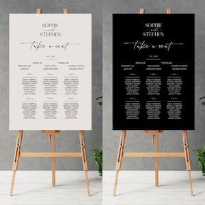 Puede incluir: Dos planos de asientos de boda sobre caballetes de madera. Uno tiene un fondo blanco con texto negro, el otro un fondo negro con texto blanco. El texto dice "Sophie and Stephen" y "take a seat", con los nombres de los invitados debajo.