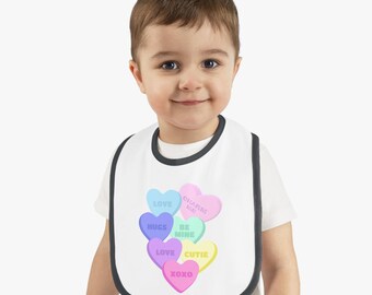 Candy Hearts Valentines Bib Baby Bib for Valentine&#39;s Day Baby Contrast Trim Jersey Bib