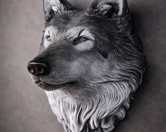 Handpainted Wolf Head Wall Decor, Scandinavian Rustic Sculpture, Matte Grey Finish