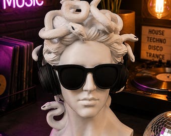DJ Medusa Bust Sculpture, Modern Greek Mythology Statue, Art Deco 25cm