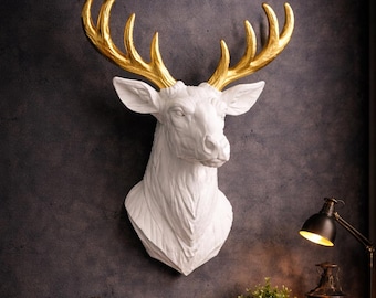 White Deer Head Wall Decor, Gold Antlers, Scandinavian Animal Sculpture