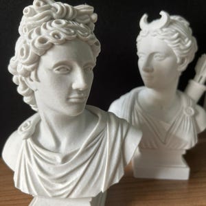 May include: Two white busts of classical figures. The bust on the left has curly hair and a draped garment. The bust on the right has a crescent moon in its hair and a quiver of arrows. Both are on square pedestals.
