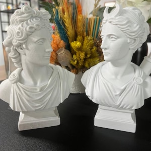 May include: Two white plaster busts of classical figures. One bust features a male figure with curly hair and a draped garment. The other bust depicts a female figure with a crescent moon on her head and a draped garment. The busts are on a black surface.