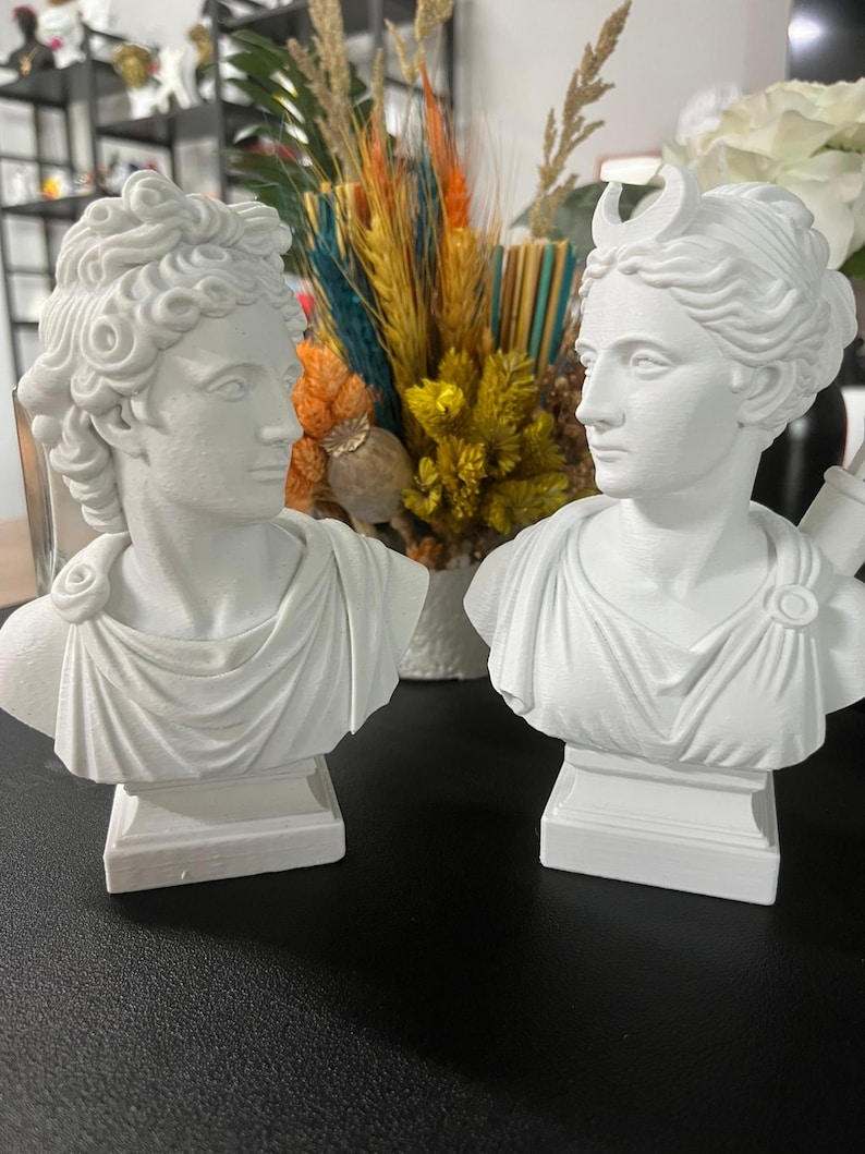 May include: Two white plaster busts of classical figures. One bust features a male figure with curly hair and a draped garment. The other bust depicts a female figure with a crescent moon on her head and a draped garment. The busts are on a black surface.