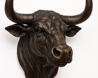 Black Bull Head Wall Decor: Rustic Bronze Finish, Modern Sculpture