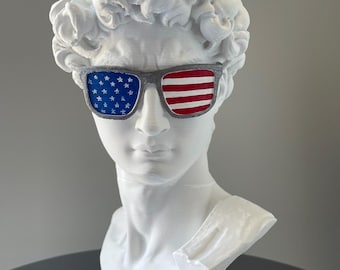 Hand Painted David Bust Statue with Flag Glasses - Pop Art Decor (10 inch)