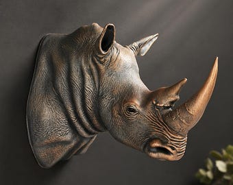Rhino Head Wall Decor, Hand Painted Bronze Effect Rhinoceros Sculpture, Luxury Animal Wall Art 35cm