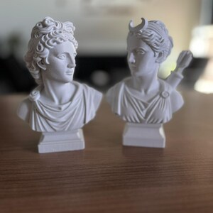 May include: Two white plaster busts of classical figures. One bust features a male figure with curly hair and a draped garment. The other bust depicts a female figure with a crescent moon on her head and a quiver of arrows.