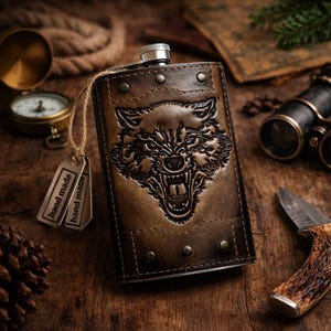 May include: A brown leather hip flask featuring an embossed wolf design. The flask has a silver cap and is secured with rivets. Two small tags that say "hand made" are attached. The flask is on a wooden surface with a compass and binoculars.