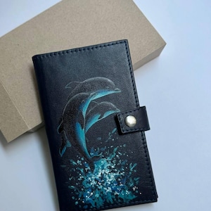 Delfine Acrylmalerei Damen Geldbörse aus Leder Niedliche minimalistische Brieftasche Frauen Visitenkartenhalter Brieftasche Leder Geldbörse Frauen