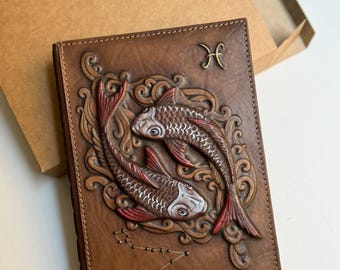 Handmade Pisces Zodiac Leather Journal Cover A5 Refillable Planner Embossed Fish Astrology Gift Men Diary Notebook