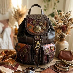 Puede incluir: Una mochila de cuero marrón con cierre de solapa, botones decorativos y dos bolsillos delanteros. La mochila tiene un asa superior y correas ajustables. La palabra "Florence" está en un emblema metálico. Gafas de sol, bufanda y diario cerca.