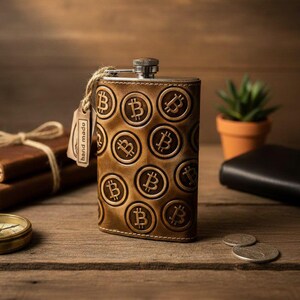 May include: A brown leather flask with a repeating Bitcoin symbol pattern. The flask has a silver cap and a small tag that says "hand made". The flask is on a wooden surface with other items.