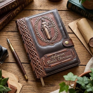 May include: A dark brown leather journal featuring a central embossed emblem of Lady Justice surrounded by a laurel wreath. The cover includes a braided leather border, a snap closure, and a plaque with the text "Адвокат Бабій Світлана".