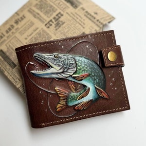 Cartera de cuero para hombre con diseño de pez lucio Cartera portatarjetas de visita Cartera pequeña delgada Cartera de cuero tipo tarjetero Carteras para hombre Regalos de pesca para hombre