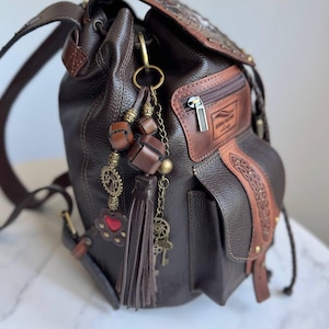 Steampunk backpack keychain charm Tassel keychain charm Leather bag charm Leather purse charm Cute beaded bag charm Cute leather keychain