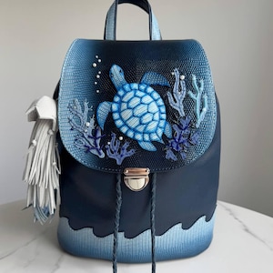 Sea turtle womens leather backpack Jellyfish small leather backpack purse women Tortoise colorful leather bag women Travel backpack