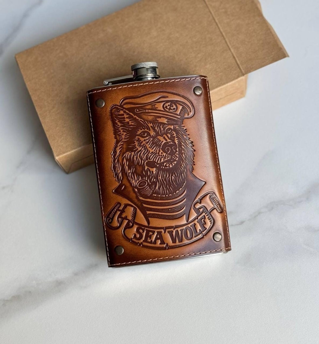 Wolf Engraved Leather Flask for Men Drink Barware for Men Whiskey Flask ...