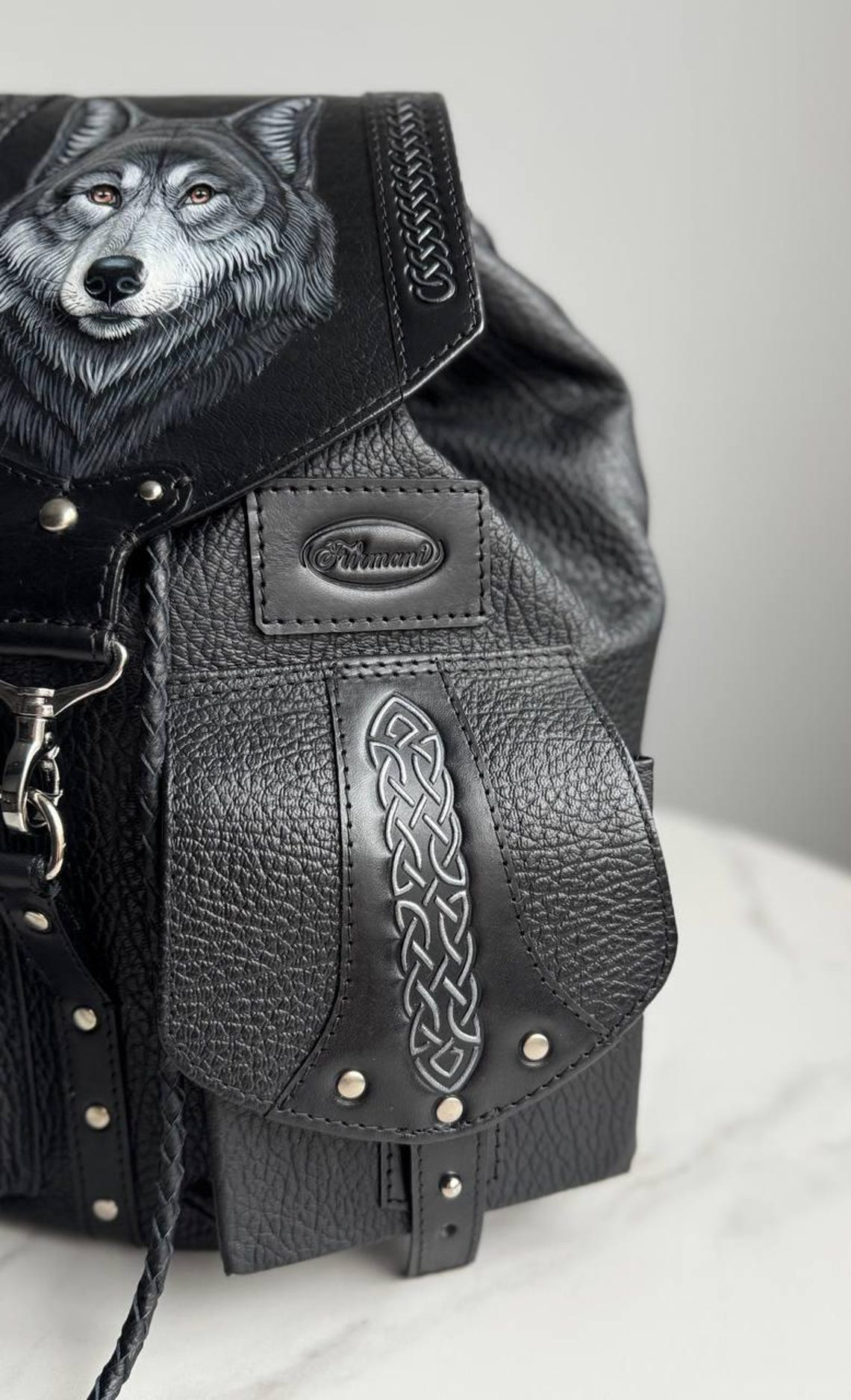 Wolf Black Leather Backpack Purse Mens Leather Backpack Leather ...
