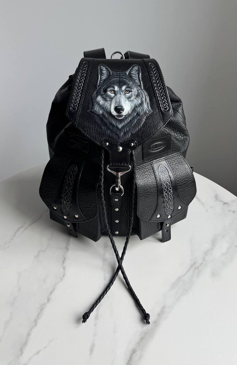 Wolf Black Leather Backpack Purse Mens Leather Backpack Leather ...