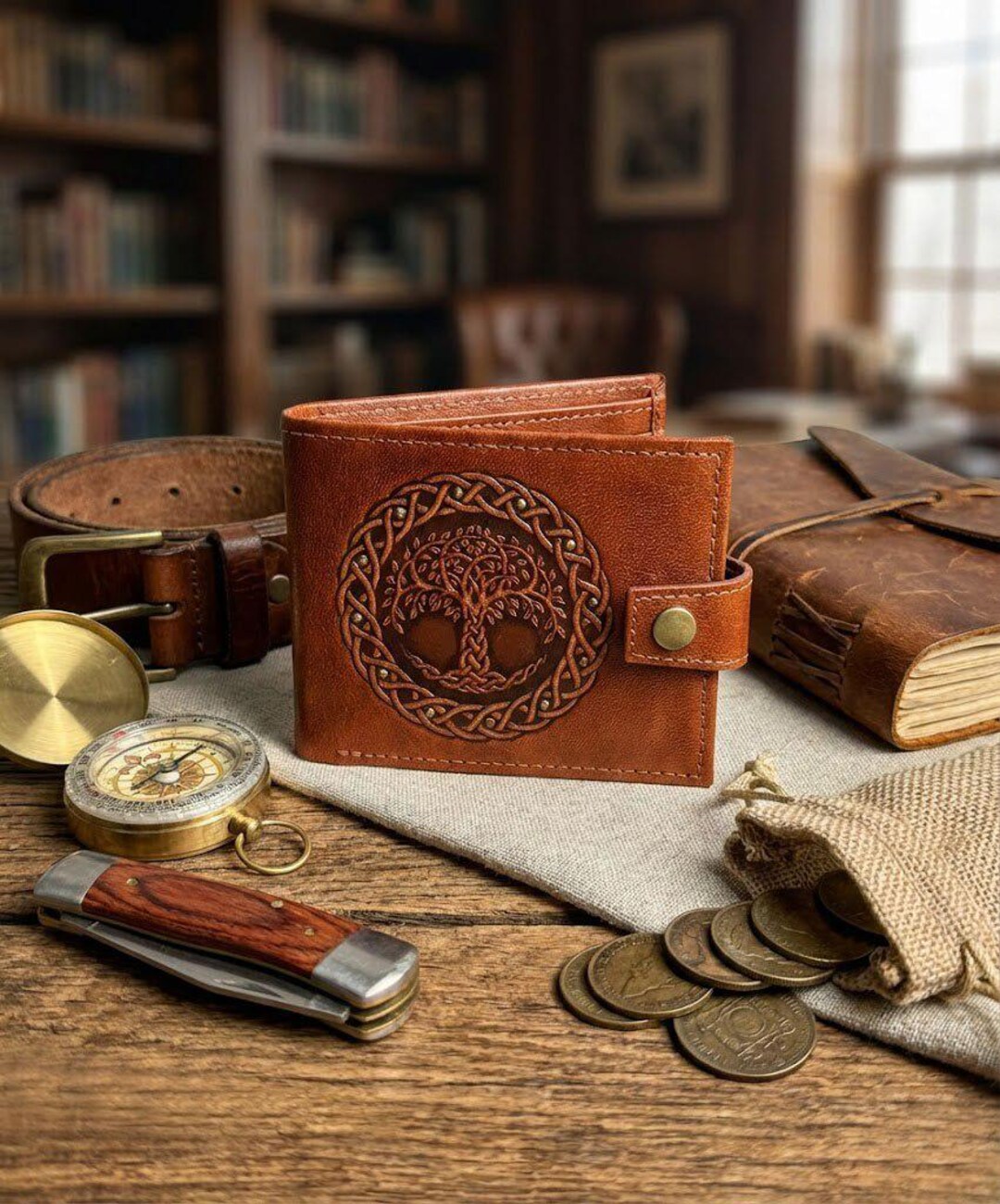 Wallet Tree Tree of Life Brown Genuine Leather Wallet for Men Front Pocket Wallet ...