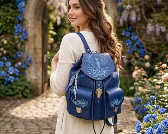Phoenix blue leather backpack purse women Cute backpack Rucksack Work backpack Laptop bagckpack Travel backpack Travel bag Unique gift