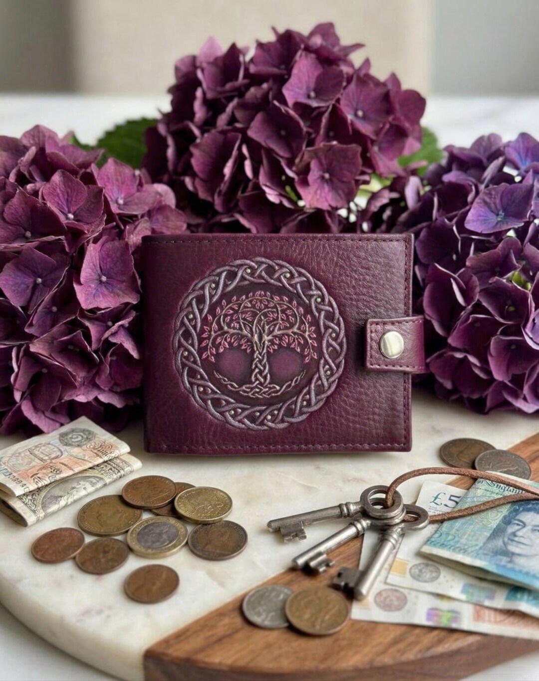 Wallet Tree Celtic Tree of Life Womens Leather Wallet Purple Engraved Wallet Cute ...