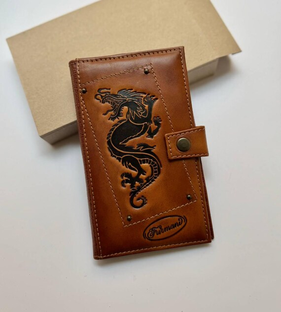 Dragon Mens Leather Engraved Wallet Credit Card Holder Business