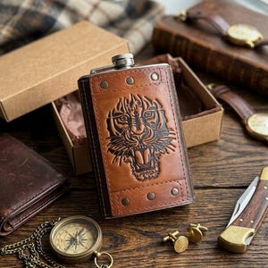 Engraved Tiger Leather Hip Flask Men Barware Whiskey Bourbon Alcohol Gift Him 10oz Stainless Steel Embossed Animal Birthday Present