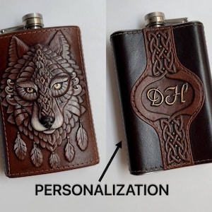 Wolf personalized leather flask for men Custom flask Drink barware for men Engraved whiskey flask Bourbon alcohol gifts Personalized gifts