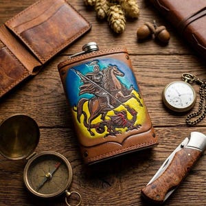May include: A brown leather hip flask featuring a vibrant embossed scene of a knight on horseback battling a dragon. Other items include a wallet, pocket watch, compass, and a folding knife, all arranged on a wooden surface.