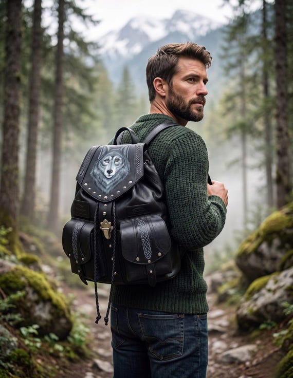 3d black wolf leather backpack Fathers Day Gift, Black Leather Backpack, Mens Travel Bag, Hand Painted  Wolf Rucksack, 3D Dad Present, Travel backpack, Gift For Dad