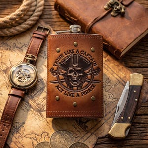 Op de afbeelding: Een bruine leren heupfles met een piratenschedelontwerp en de tekst "Think Like a Captain, Act Like a Pirate". Een vintage horloge, een zakmes, een leren notitieboek en antieke munten zijn ook zichtbaar.
