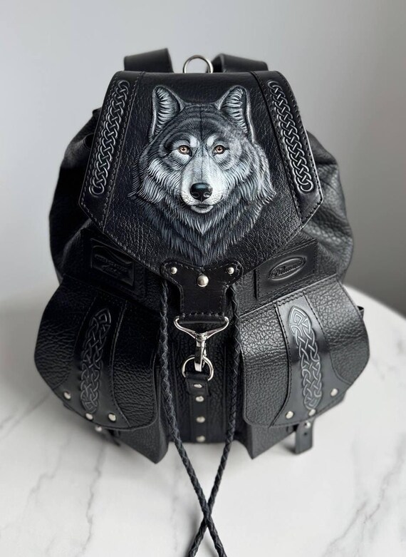 Wolf Black Leather Backpack Purse Mens Leather Backpack  display picture 2