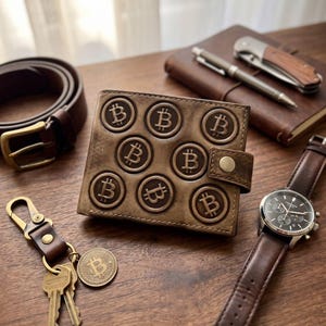 May include: A brown leather bi-fold wallet featuring embossed circular Bitcoin symbols across the front surface, secured with a snap button closure. The wallet is surrounded by a brown leather belt, a metal keychain with keys, a wristwatch, and a notebook.