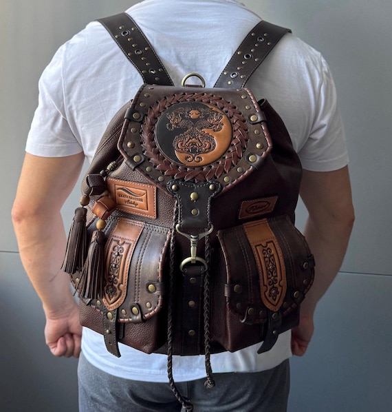 bohemian leather backpack Hand Tooled Leather Backpack Boho Bag