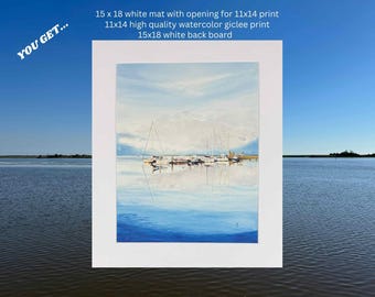 Boat Marina Watercolor Giclee Print: Seaside Reflection Art