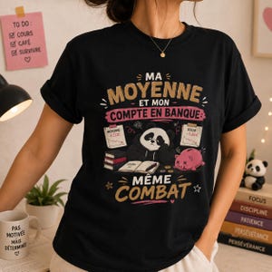 May include: A black t-shirt featuring a graphic of a panda sitting at a desk with books and a pink piggy bank. The text reads MA MOYENNE ET MON COMPTE EN BANQUE MÊME COMBAT, with two small charts showing downward trends and a sad panda expression.