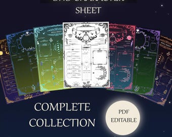 Może przedstawiać: Zbiór drukowanych kart postaci do Dungeons and Dragons z różnymi kolorowymi tłami i wzorami. Karty są oznaczone jako "Complete Collection" i "PDF Editable".