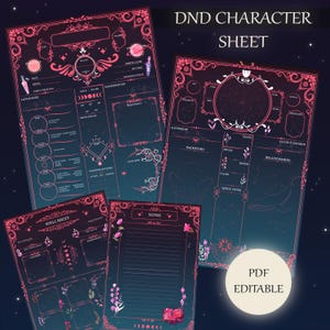 May include: A printable Dungeons and Dragons character sheet with a pink and white design. The sheet includes sections for character stats, background, spells, and notes. The text "DND Character Sheet" and "PDF Editable" are visible on the sheet.