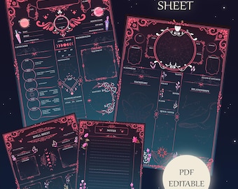 May include: A printable Dungeons and Dragons character sheet with a pink and white design. The sheet includes sections for character stats, background, spells, and notes. The text "DND Character Sheet" and "PDF Editable" are visible on the sheet.