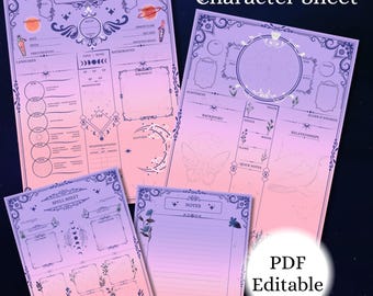 May include: Four sheets of paper with a gradient pink and purple background, designed for a DND character sheet. The sheets include areas for character details, spells, and notes. The text "DND Character Sheet" and "PDF Editable" are visible.