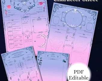 May include: Four sheets of DND character sheets with a gradient pink and blue background. The sheets include areas for character details, spells, and notes. The text "DND Character Sheet" is at the top, and "PDF Editable" is in a white circle.