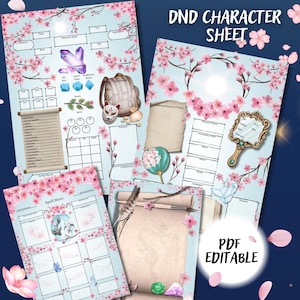 Blue Sakura Cherry Blossom DnD 5E Character Sheet (Printable PDF Digital Download)
