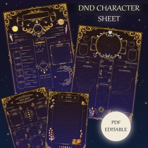 May include: A printable Dungeons and Dragons character sheet with a celestial theme. The sheet features a dark blue background with gold accents and constellations. The text "DND Character Sheet" is at the top of the page. The sheet includes sections for character information, abilities, skills, spells, and notes.