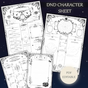 May include: A printable Dungeons and Dragons character sheet with a black and white design featuring a moon, stars, and floral elements. The sheet includes sections for character information, spells, and notes. The text "DND Character Sheet" and "PDF Editable" are included on the sheet.