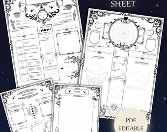 May include: A printable Dungeons and Dragons character sheet with a black and white design featuring a moon, stars, and floral elements. The sheet includes sections for character information, spells, and notes. The text "DND Character Sheet" and "PDF Editable" are included on the sheet.