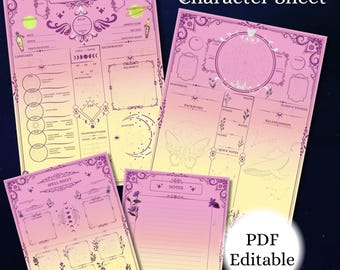 May include: A collection of pink and yellow DND character sheets with decorative floral and celestial designs. The sheets include sections for character details, spells, and notes. Text on the sheets reads "DND Character Sheet" and "PDF Editable."